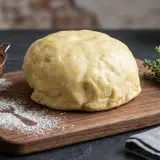 Impasto per pasta matta ricetta, pronto per essere steso. Farina sparsa e un rametto di rosmarino completano la scena.