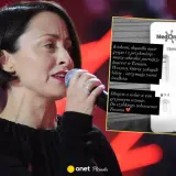 Natalia Przybysz odwołała koncert w Toruniu z powodu grypy. Na zdjęciu wokalistka z mikrofonem i testem medycznym.