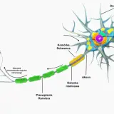 Schemat budowy neuronu, czyli komórki tworzącej tkankę nerwową. Widoczne dendryty, ciało komórki z jądrem, akson z osłonką mielinową i przewężeniami Ranviera, oraz zakończenia aksonu.