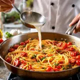 Un chef ajoute du bouillon à des spaghetti aux tomates cerises, un plat typique des recettes pâtes italiennes traditionnelles.