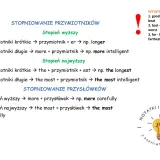 Stopniowanie przymiotników: krótkie z "-er" lub "-est", długie z "more" i "the most". Wyjątki: good, bad, far.
