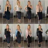 Kobieta prezentuje 12 stylizacji z czarną sukienką. Pokazuje, co do sukienki na wierzch, od kurtek po swetry i bluzki.
