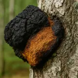 Czaga na brzozie, gotowa do zbioru i parzenia. Jej czarna, spękana powierzchnia kontrastuje z pomarańczowym wnętrzem.