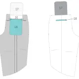 Diagram shows a sewing pattern piece for a back welt pocket. The pocket opening is marked with a turquoise rectangle labeled 18.