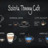 Szkoła Tommy Cafe prezentuje: Espresso, Latte Macchiato, Lungo, Americano, Latte Coffee.
