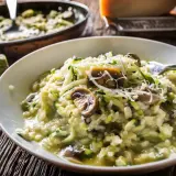Un crémeux risotto courgette et champignons, garni de parmesan râpé, prêt à être dégusté. Un délice facile à préparer au Cookeo.