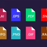 Kolorowe ikony reprezentujące popularne formaty plików graficznych: .AI, .EPS, .PDF, .SVG, .JPG, .PNG, .GIF, .RAW.