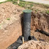 Wykop budowlany z pionowym, karbowanym peszlem do odwodnienia, przykrytym zieloną pokrywą. Wokół żwir i czarna geowłóknina.