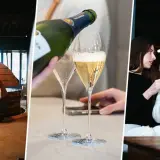 Trois scènes de dégustation champagne Paris : visite de cuverie, service à table et moment convivial entre amis.