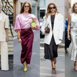 Eleganckie stylizacje na roczek dla mamy: kremowy garnitur, różowa satyna, biała marynarka i srebrna spódnica.