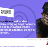 Mężczyzna z zasłoniętymi oczami symbolizuje kryzys psychiczny, stan wymagający wsparcia i adaptacji do nowej rzeczywistości.