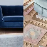 En mjuk, ljusblå matta med fransar framför en mörkblå soffa. Till höger syns en annan matta med geometriskt mönster i rosa, beige och vitt, som matchar en ljusblå soffa.