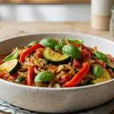 Poêlée de poivrons à l'italienne, un plat coloré de courgettes, poivrons rouges, tomates et basilic frais, servi dans un bol rustique.
