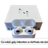 AirPods w etui, obok pudełka. Dowiedz się, jak połączyć AirPods z Windowsem, gdy mikrofon nie działa.