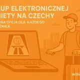 Kup e-winiety Czechy wygodnie online na winiety24.eu. Grafika przedstawia podróżnika z walizką i plecakiem przed laptopem z symbolem autostrady.