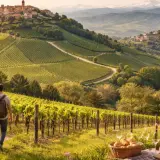 Coppia mano nella mano tra i vigneti, con borghi collinari sullo sfondo. Un invito a scoprire dove andare nelle Langhe per un'esperienza indimenticabile.