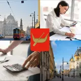 Łódź: tram, budynki, herb miasta, kobiety liczące na kalkulatorze i laptopie.
