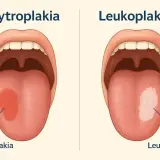 Dwa obrazy jamy ustnej pokazujące zmiany na języku: erytroplakię (czerwona plama) i leukoplakię (biała plama). Objawy te mogą wskazywać na raka jamy ustnej.