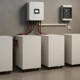 Nowoczesny system magazynowania energii z czterema akumulatorami i falownikiem. Idealny do rankingu magazynów energii.