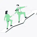 A leader extends a hand to help a colleague ascend an upward-trending arrow, embodying resonant leadership and shared growth.