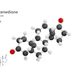 Model cząsteczki androstendionu, steroidu z grupy androgenów, z atomami węgla (czarne), wodoru (białe) i tlenu (czerwone).