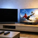 Dwa telewizory na drewnianej szafce. Jeden pokazuje nocne niebo, drugi mecz piłki nożnej. Który lepszy: oled czy qled?