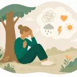 En person sitter under ett träd, med tankar om beslutsångest och adhd. Moln med regn, blixtar, sol och ett hjärta syns i tankebubblan.