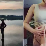 Para Justyna Kosela, data urodzenia to radosne oczekiwanie. Dwie sceny: para nad jeziorem o zachodzie słońca i zbliżenie na ciążowy brzuch.
