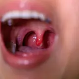 Gola arrossata con tonsille gonfie e una piccola lesione, indicativa di mucosite orale.