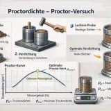 Der Proctor-Versuch zeigt, wie sich die Verdichtung von proctor boden mit dem Wassergehalt ändert. Eine lockere Probe hat niedrige Dichte, optimale Verdichtung hohe Dichte.