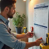 Elektryk sprawdza cennik usług. Na tablicy widnieje "koszt pomiarów elektrycznych", a w rękach trzyma przyrządy pomiarowe.