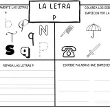 Hoja de actividades para niños con la letra P: rodea letras, colorea dibujos que empiezan por P, repasa la P y escribe palabras.