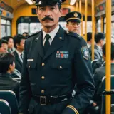 Konduktor w mundurze, pasażerowie w autobusie. Ciekawe, ile zarabia konduktor za taką pracę?
