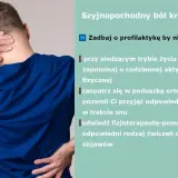 Mężczyzna trzyma się za kark i plecy, wskazując na ból. Tekst informuje o profilaktyce bólu szyjnego odcinka kręgosłupa i jego objawach.