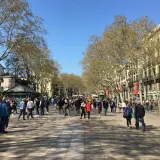 Tłum ludzi spaceruje po szerokim deptaku Las Ramblas w Barcelonie, otoczonym drzewami i budynkami.