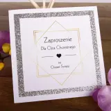 Eleganckie zaproszenie "Dla Ojca Chrzestnego na Chrzest Święty" z brokatową ramką i złotymi zdobieniami, otoczone fioletowymi storczykami.