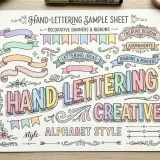 Hoja de muestra de lettering con ideas de letras para títulos, adornos, cintas y bordes en estilo alfabeto.