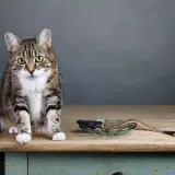 Pręgowany kot siedzi obok talerzyka z rybą. Może kotu śmierdzi z pyska po zjedzeniu tej ryby?