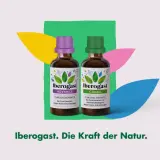 Zwei Iberogast Flaschen, Advance und Classic, stehen für die Iberogast Einnahme. Sie sind von bunten Blättern umgeben.