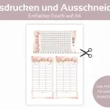 Zwei Vorlagen für eine Kleingeldchallenge zum Ausdrucken und Ausschneiden. Jede Vorlage hat Felder für Datum, +/- und Summe, um das Sparen zu verfolgen.