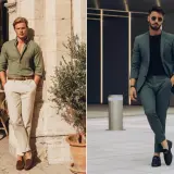 Zwei Männer zeigen, welche Farben passen zu olivgrün: lässig mit Beige und elegant im Anzug.