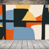 Abstrakcyjny, geometryczny wzór z zaokrąglonymi kształtami w kolorach pomarańczowym, żółtym, niebieskim i kremowym.