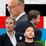Politikergesichter vor bunten Flächen und Diagrammen. Die sonntagsfragen heute: Wer wird die Zukunft gestalten?
