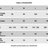 Tabela rozmiarów wojskowych: obwód klatki, pasa, wzrost, długość rękawa i całkowita dla rozmiarów S, M, L, XL.