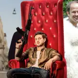 Kobieta w czerwonej sukience, mężczyzna z karabinem na tronie i para w futrach – kolaż scen ze słynnych polskich filmów.