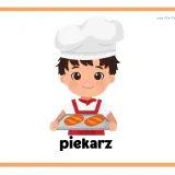 Chłopiec w czepku kucharskim trzyma tacę z dwoma bochenkami chleba. To karta pracy "Od ziarenka do bochenka", przedstawiająca piekarza.