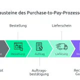Der Purchase-to-Pay-Prozess: Bedarf, Angebot, Bestellung, Auftrag, Lieferung, Rechnung, Zahlung. Beschaffung ist der Kern dieses Ablaufs.