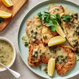 Délicieux piccata de poulet, nappé d'une sauce crémeuse aux câpres et garni de persil frais et de quartiers de citron.