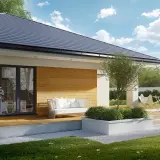 Nowoczesny taras z sofą i stolikiem, idealny do relaksu w ogrodzie. Projekt "Ariel 4" zachwyca prostotą i elegancją.