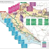 Mapa autostrad Chorwacji z zaznaczonymi trasami A1, A3, A4, A5, A6 i A11. Winieta Chorwacja.
